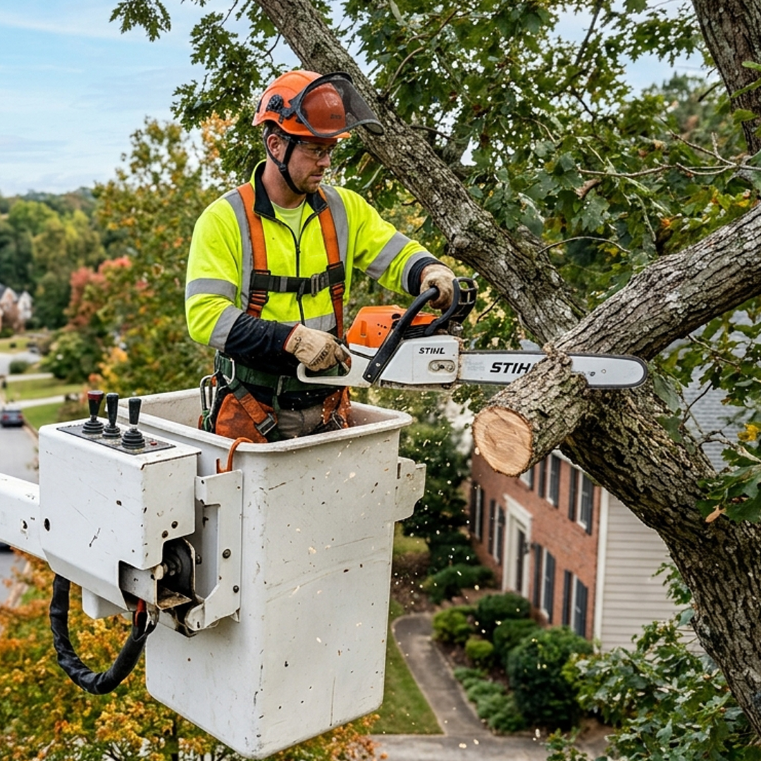 Arborist cutting a limb from a bucket truck