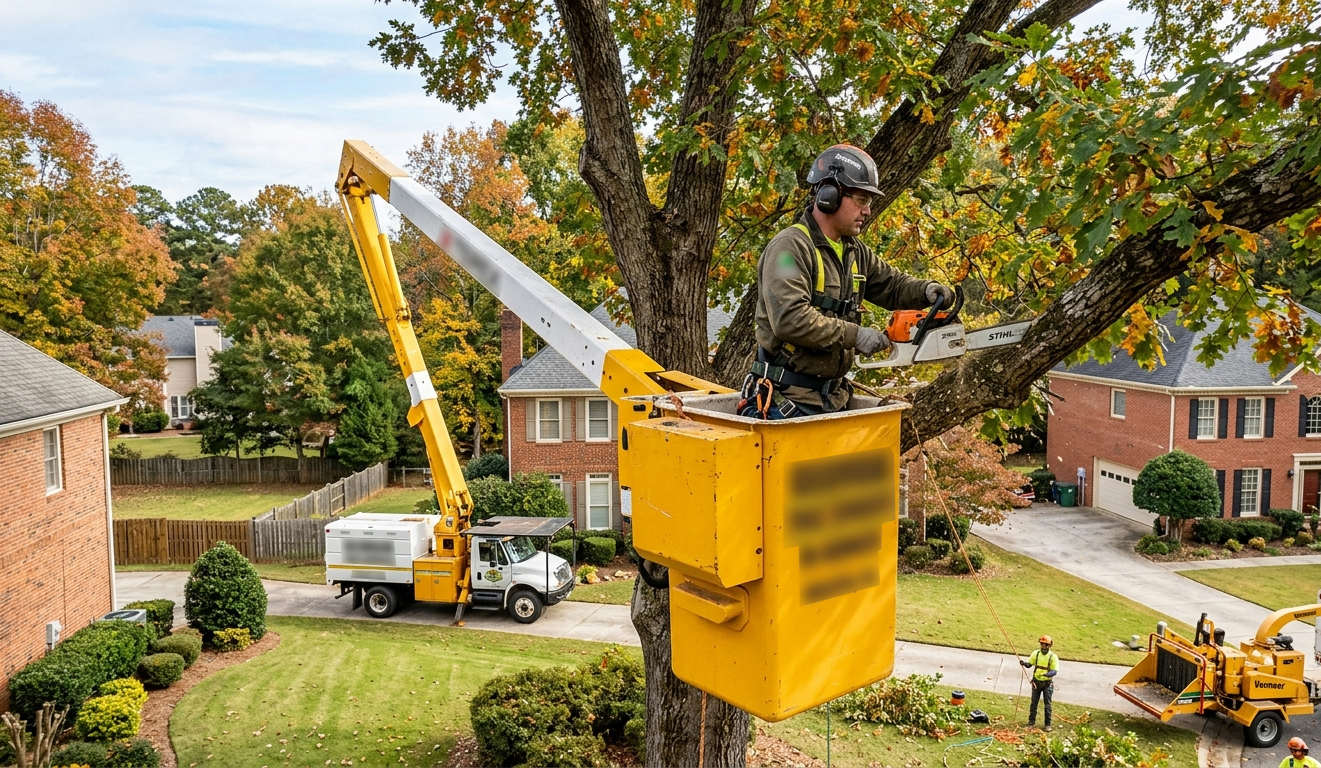 Bucket truck crew cutting storm-damaged limbs